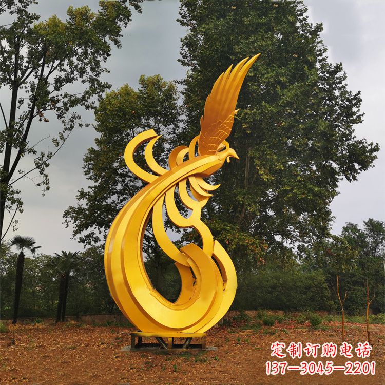 聊城不锈钢凤凰雕塑黄金色园林之美