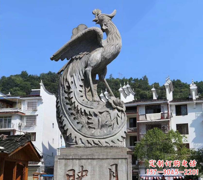 聊城城市景点凤凰石雕,青石石刻神兽雕塑