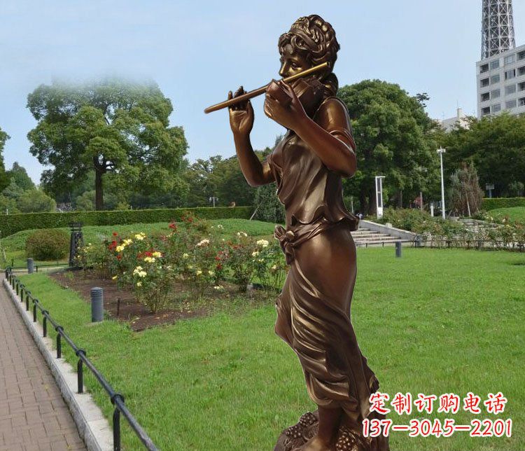 聊城吹笛子的美女城市花园景观玻璃钢仿铜雕塑