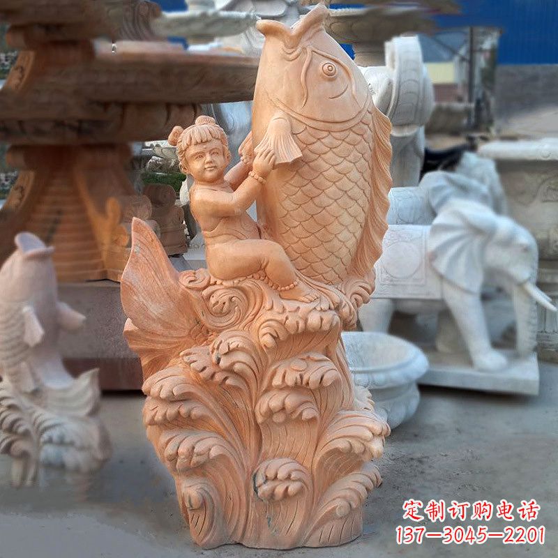 聊城大型喷水鲤鱼景观雕塑-晚霞红石雕动物喷泉