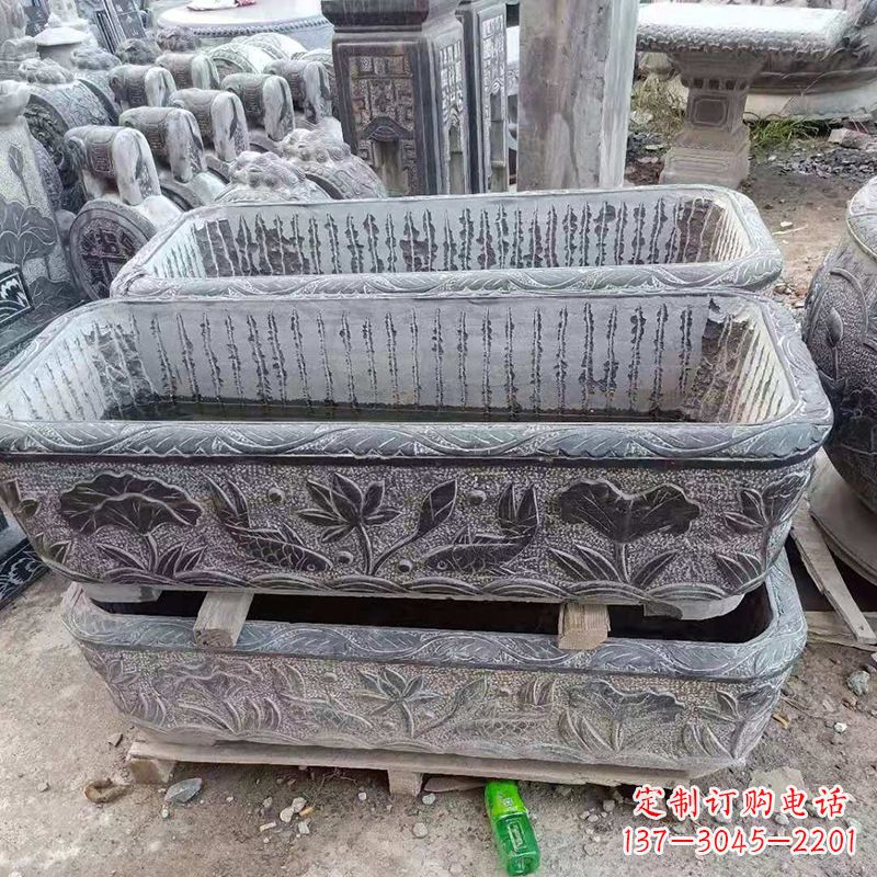 聊城方形石槽雕塑,打造完美家庭养鱼石缸