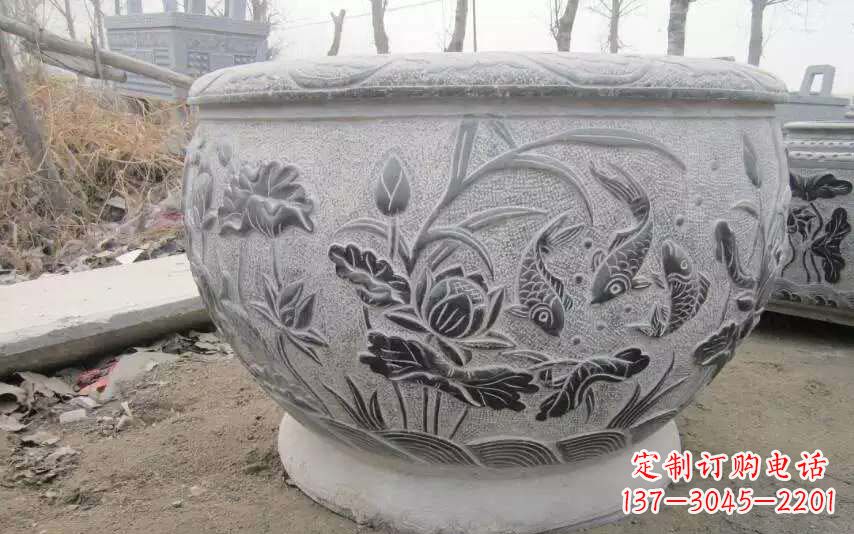 聊城仿古雕刻鲤鱼石浮雕水缸