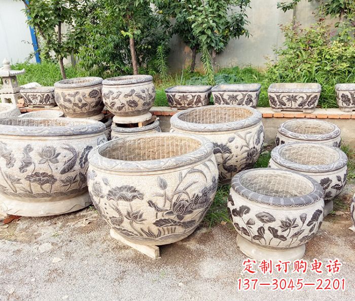 聊城仿古石雕鲤鱼浮雕水缸
