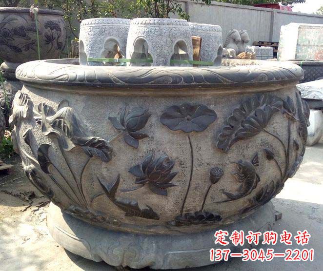 聊城精美仿古荷花鲤鱼浮雕石水缸