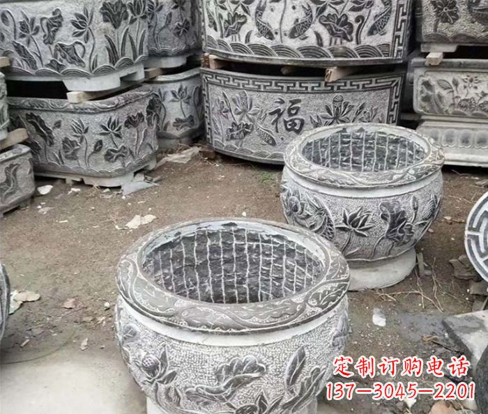 聊城仿古荷花石浮雕水缸塑像