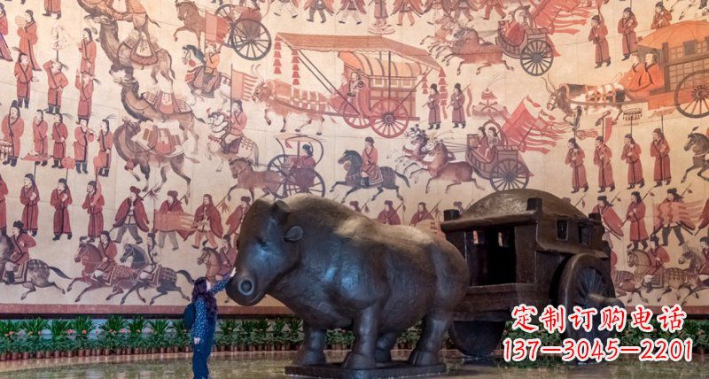 聊城传统风格铜河马拉车景观雕塑