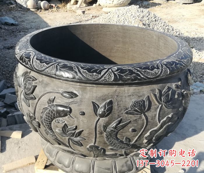 聊城青石仿古雕塑荷花水缸