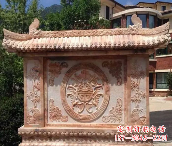 聊城中领雕塑-公园晚霞红蝙蝠竹子石影壁雕塑