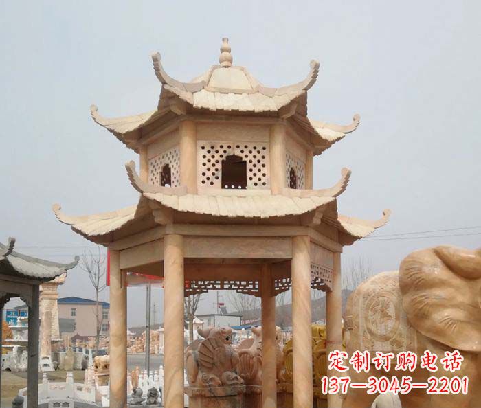 聊城红双层六角石凉亭雕塑
