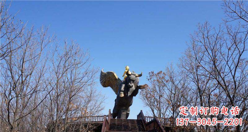 聊城精美铜雕雕塑——可爱小男孩站在飞牛上