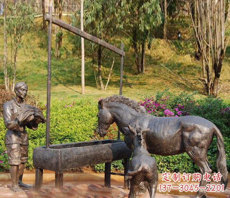 聊城广场铜雕喂马动物雕塑