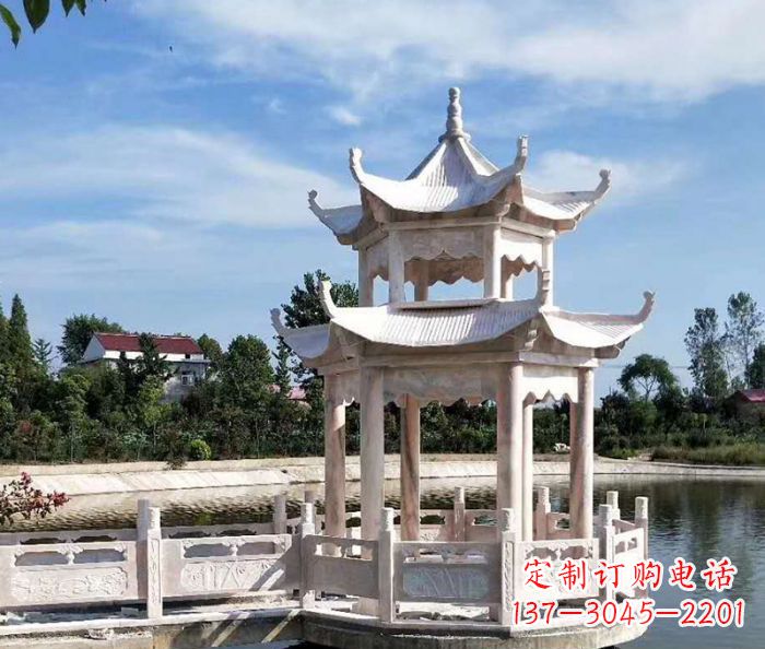 聊城海边景观晚霞红石雕凉亭