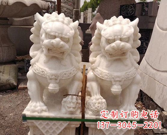 聊城汉白玉踩绣球狮子石雕_2