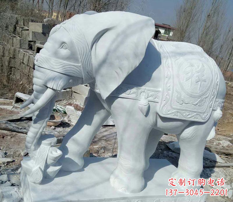 聊城汉白玉吉祥门口鼻卷如意大象石雕