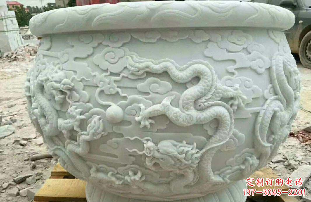 聊城汉白玉龙浮雕水缸雕塑
