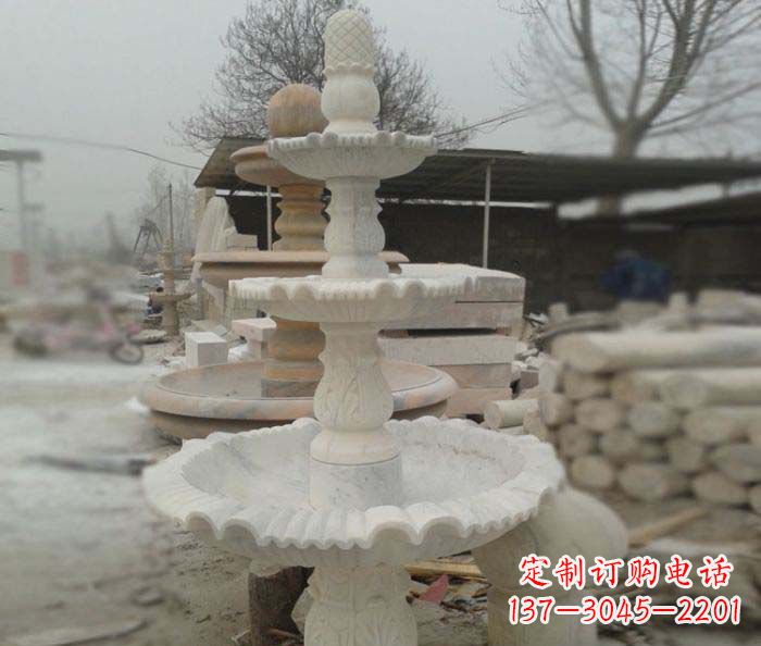 聊城汉白玉三层别墅小型喷泉石雕