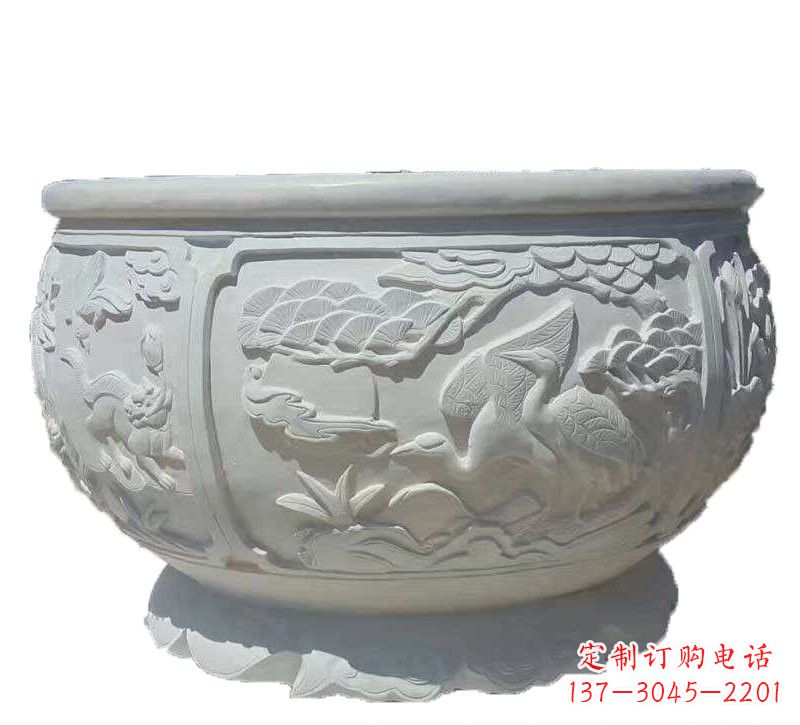 聊城汉白玉松鹤延年浮雕水缸
