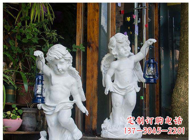 聊城汉白玉提灯小天使公园西方人物路灯石雕