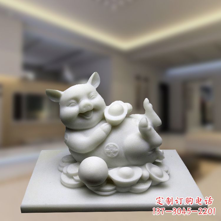 聊城汉白玉动物雕塑,招财猪石雕精美装饰