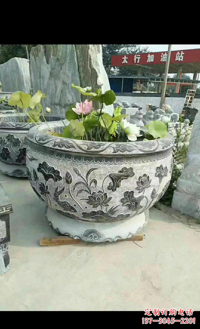聊城精美荷花鲤鱼石浮雕水缸