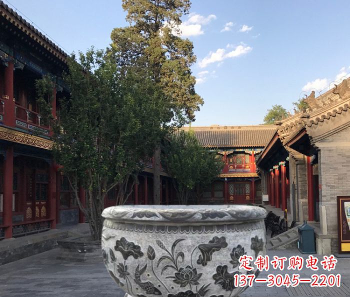 聊城连年有鱼石浮雕圆形荷花水缸