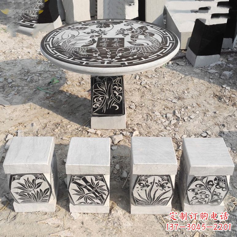 聊城梅兰竹菊仿古方石桌凳雕塑,古朴典雅