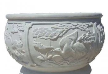 聊城汉白玉松鹤延年浮雕水缸，带给您无尽的岁月美景