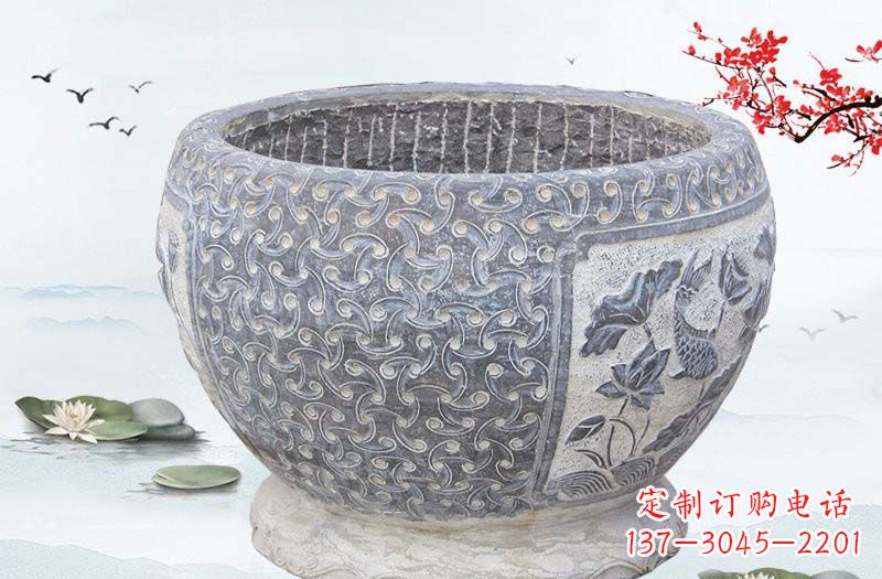 聊城青石仿古莲花鲤鱼浮雕水缸