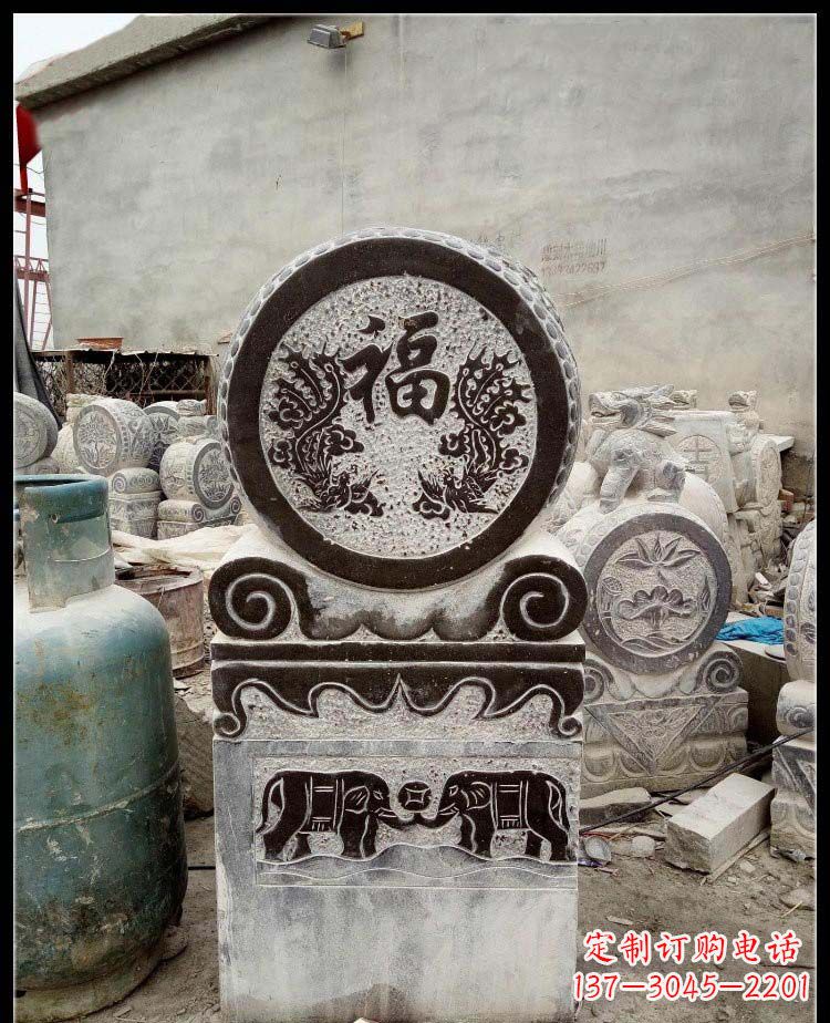 聊城青石凤凰浮雕抱鼓石,精致历久弥新