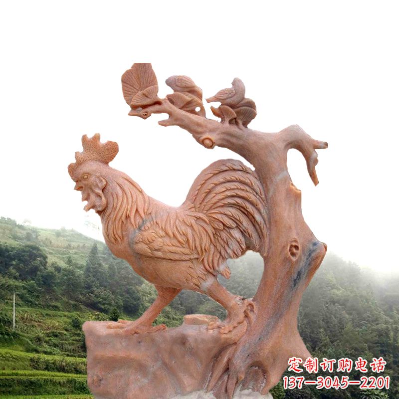 聊城生肖动物酉鸡晚霞红石雕