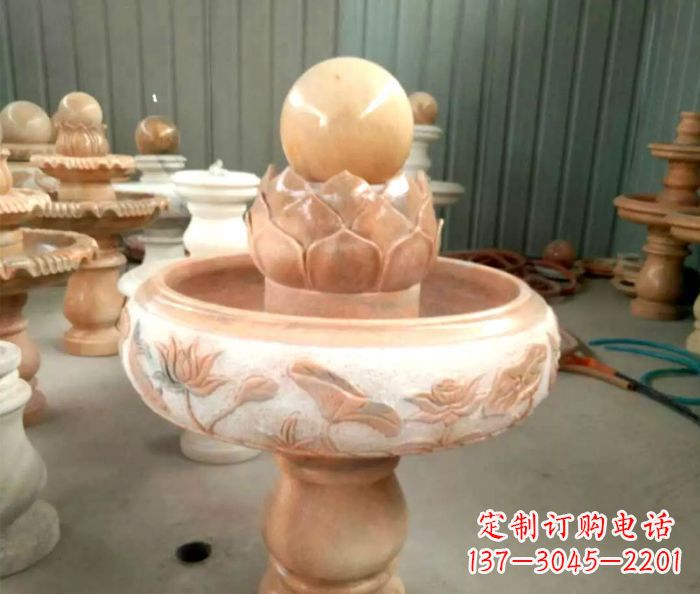 聊城石来运转晚霞红风水球喷泉石雕
