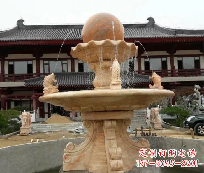 聊城双层风水球喷泉晚霞红石雕