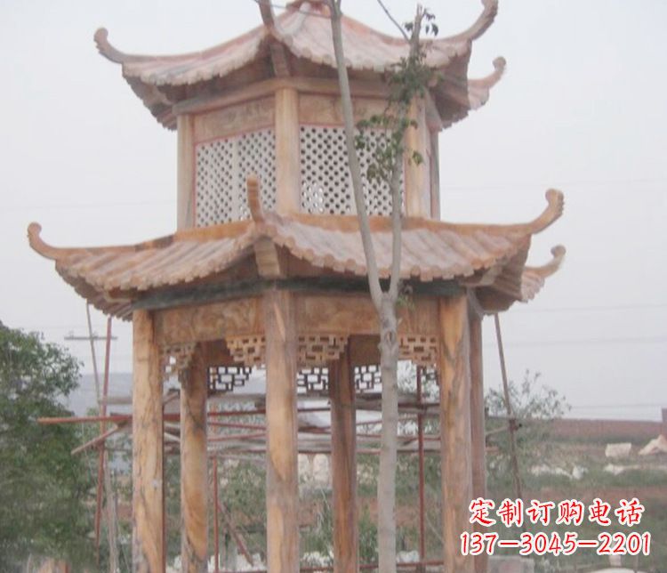 聊城双层晚霞红石凉亭石雕 (2)