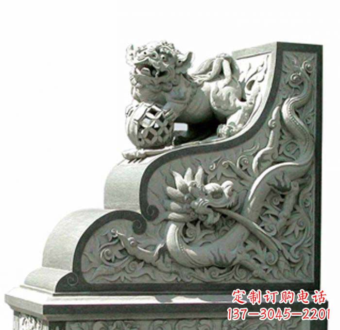 聊城寺庙景观玩绣球狮子石雕门墩