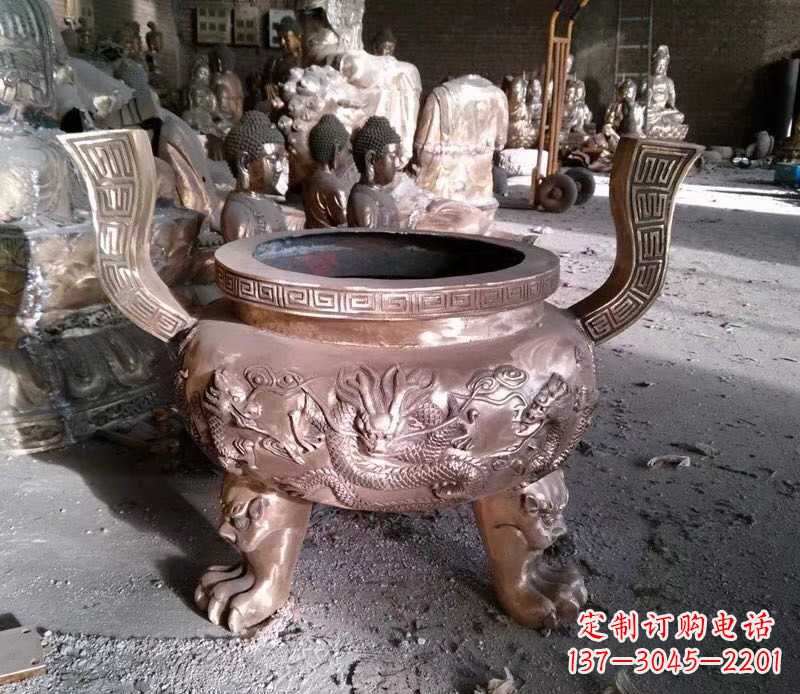 聊城寺庙龙浮雕圆铜雕香炉