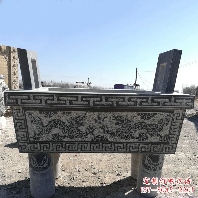 聊城寺庙墓地祭祀四足方鼎,青石仿古石雕香炉