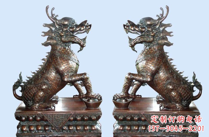 聊城铜雕踩元宝招财麒麟