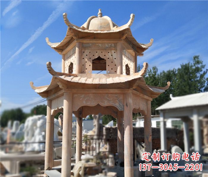 聊城晚霞红公园双层六角凉亭石雕