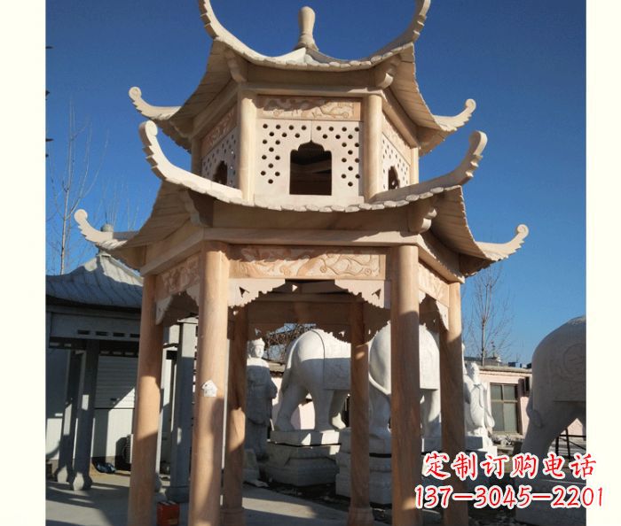 聊城晚霞红公园双层六角凉亭石雕 (2)