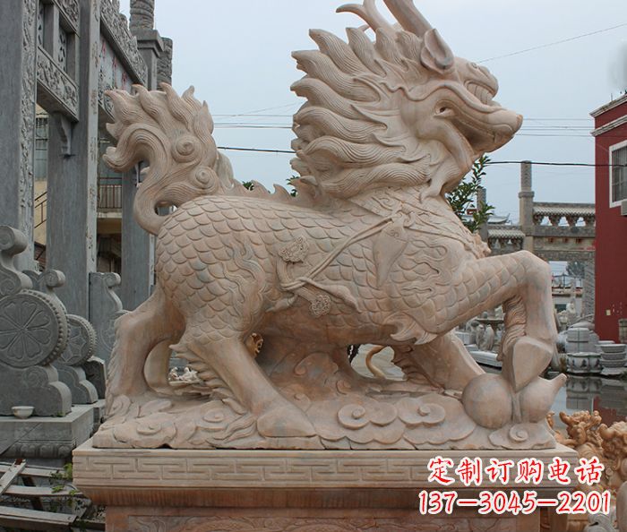 聊城晚霞红古代神兽麒麟石雕