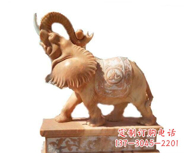 聊城晚霞红吉祥如意象鼻朝天的大象石雕