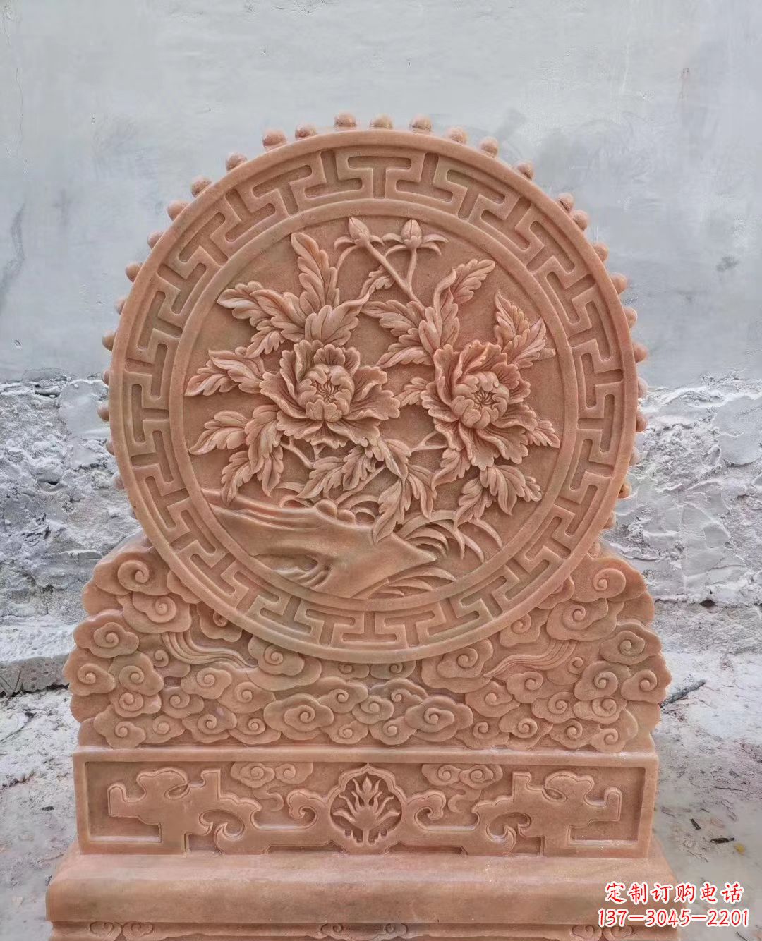 聊城晚霞红牡丹花浮雕石门墩