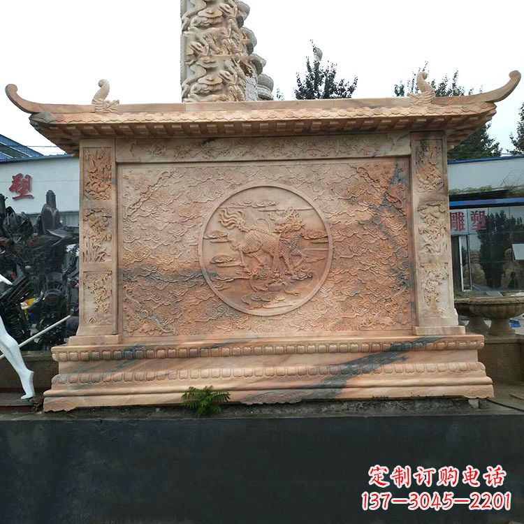 聊城晚霞红麒麟影壁墙石雕