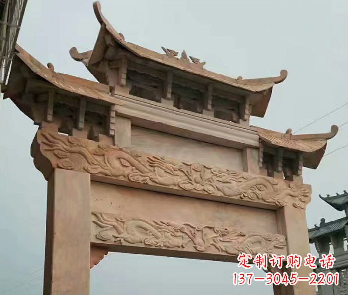 聊城晚霞红石雕单门牌坊