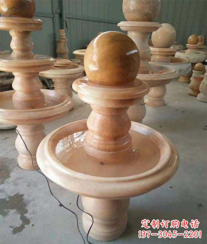 聊城晚霞红双层风水球别墅喷泉石雕