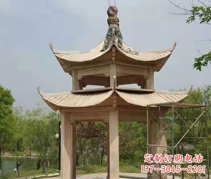 聊城晚霞红双层凉亭石雕 (2)