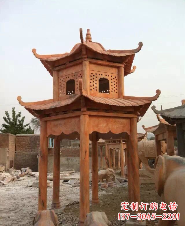 聊城晚霞红双层凉亭石雕