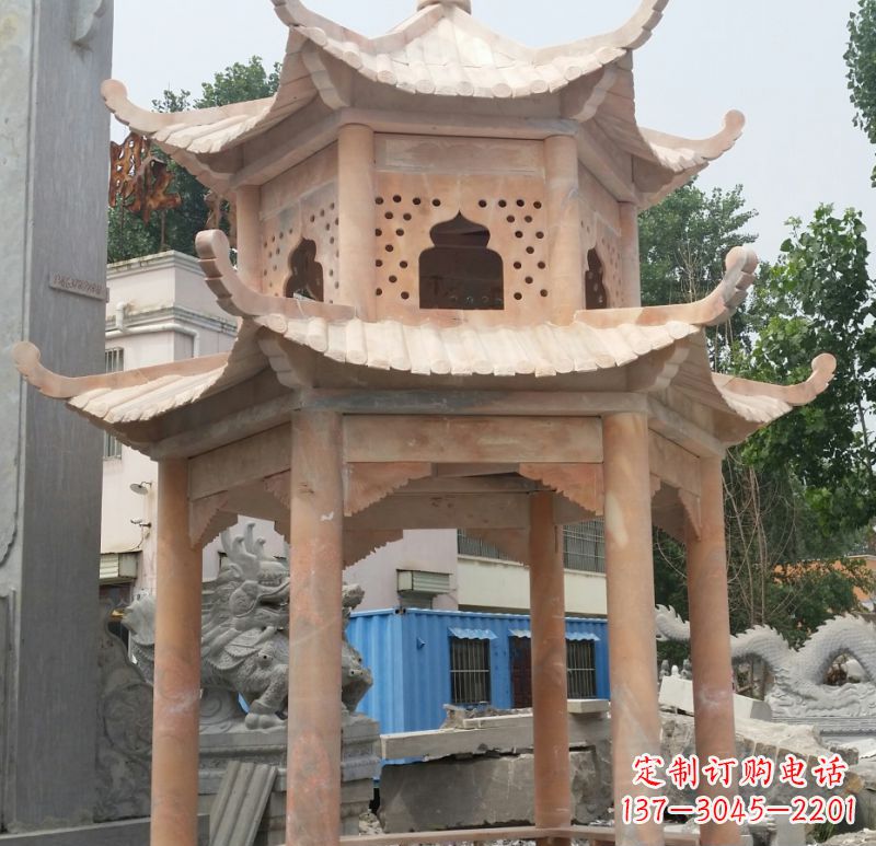 聊城晚霞红双层六角凉亭石雕 (2)