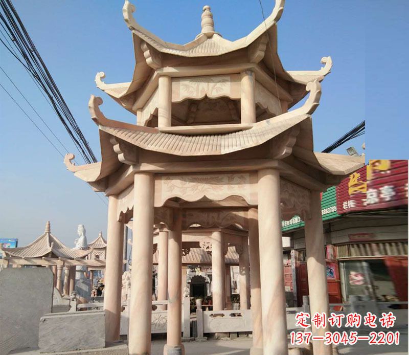 聊城晚霞红双层六角凉亭石雕 (3)