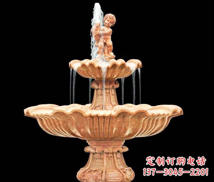 聊城晚霞红小孩抱鱼石雕喷泉